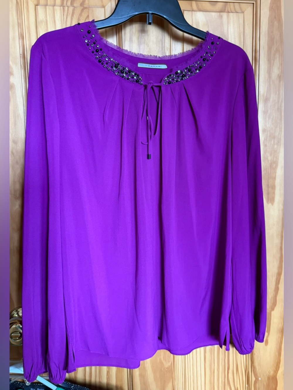 T Tahari Deep Purple Beaded Neck Tie-Front Blouse